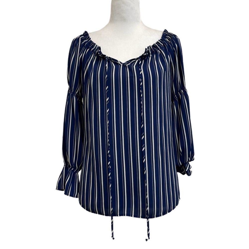 WAYF Blue & White Striped Puff Sleeve Off the Shoulder Blouse Top